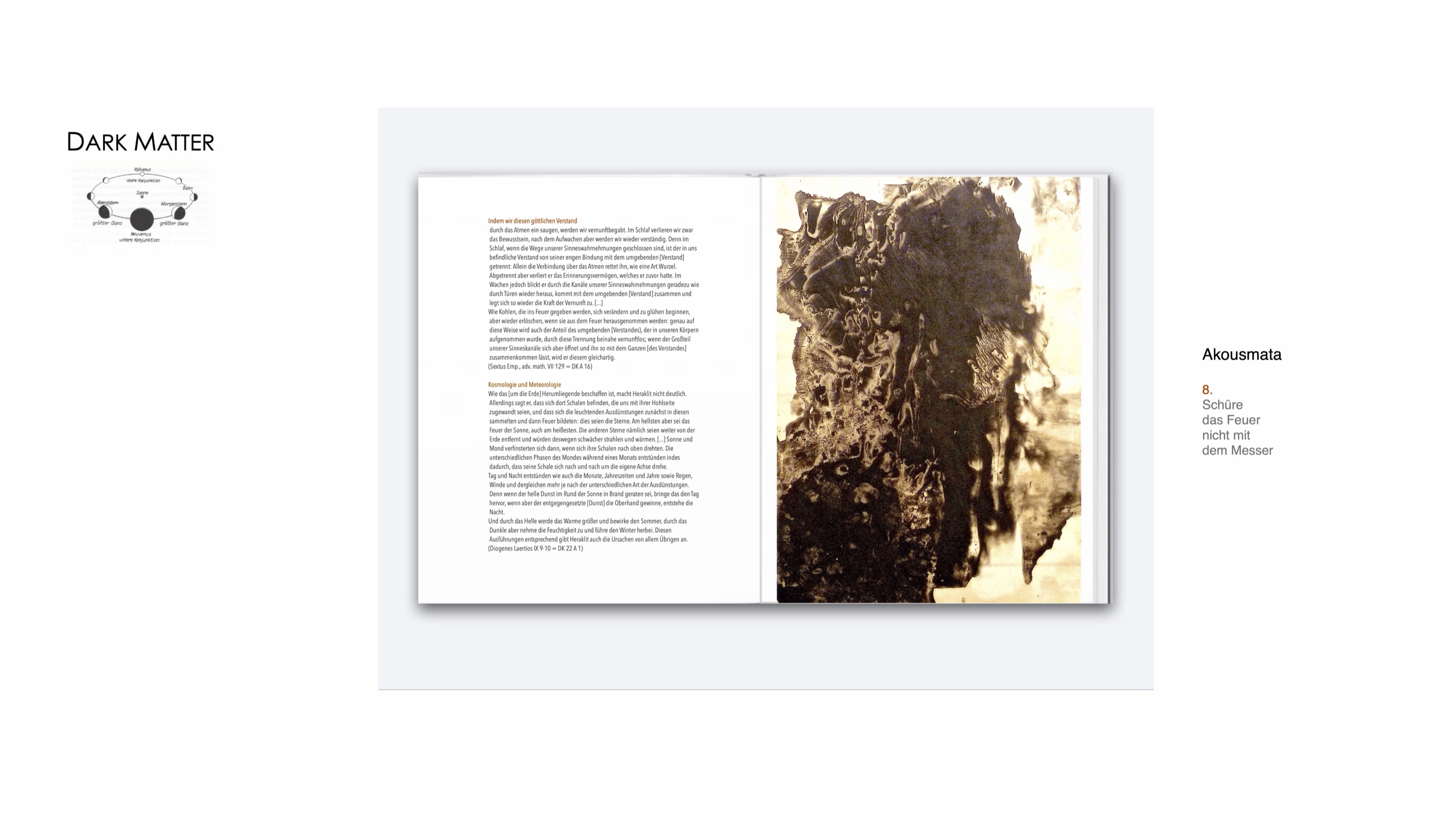 DARK MATTER, Slide 11 — Text-Slide: Heraklit (Verstand und Atmen, Kosmologie und Meteorologie, DK 22 A 16, Diogenes Laertios IX 9–10)