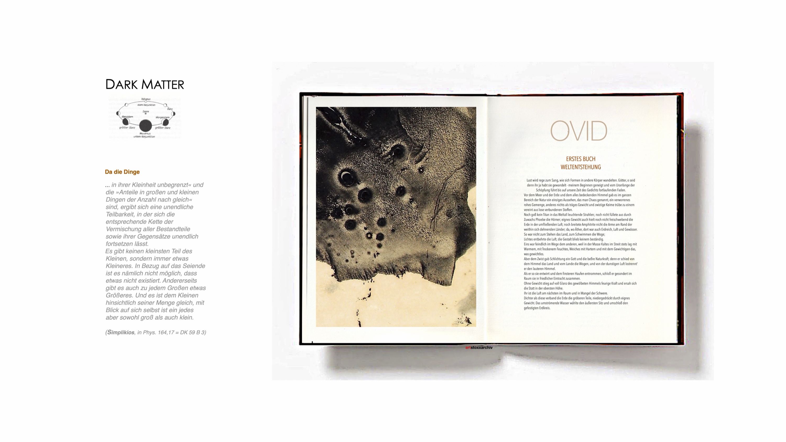 DARK MATTER, Slide 3 — Text-Slide: Anaxagoras (Unendliche Teilbarkeit, DK 59 B 3) und Ovid Metamorphosen (Weltentstehung)