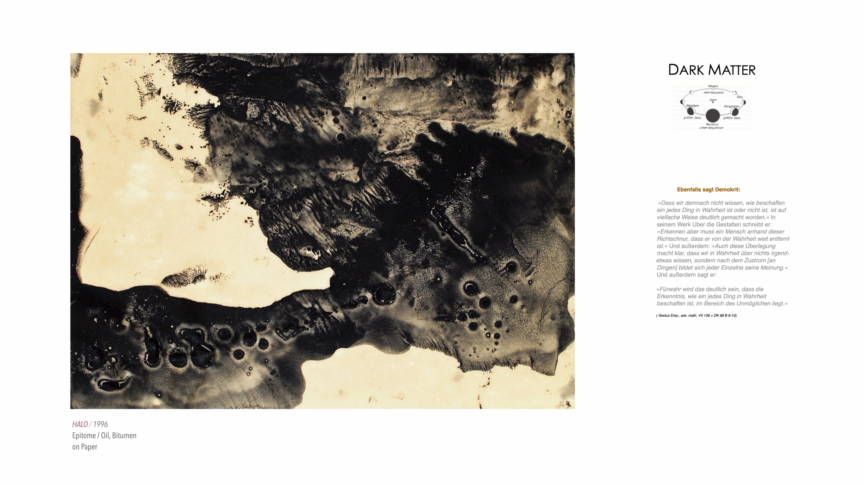 DARK MATTER, Slide 8 — Text-Slide: Demokrit, skeptische Erkenntnistheorie (Sextus Empiricus, DK 68 B 6–10)