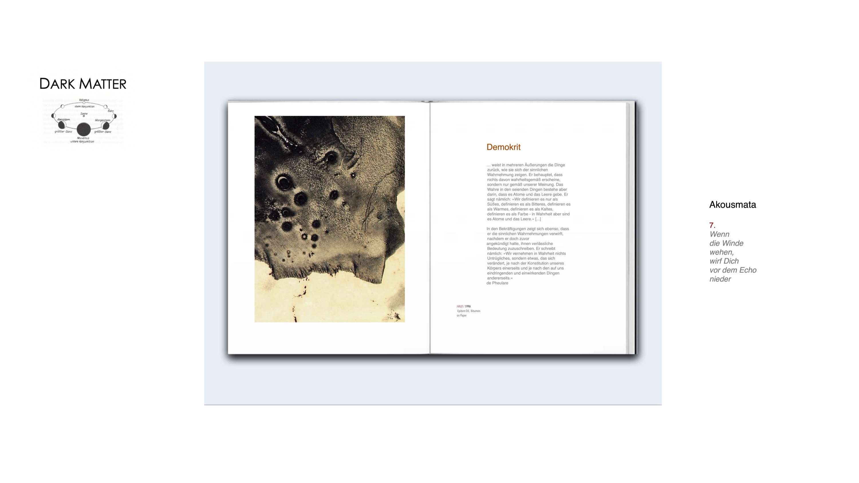 DARK MATTER, Slide 9 — Text-Slide: Demokrit (Atome und das Leere) und Akousmata 7 (Pythagoras)